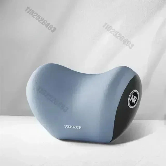 A light blue ergonomic memory foam neck and lumbar pillow set resting on a white surface.