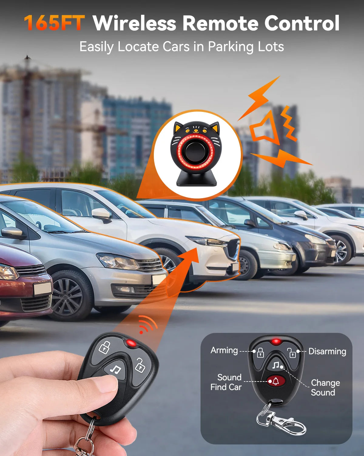 A hand holds a black wireless remote control for a portable car security alarm system.