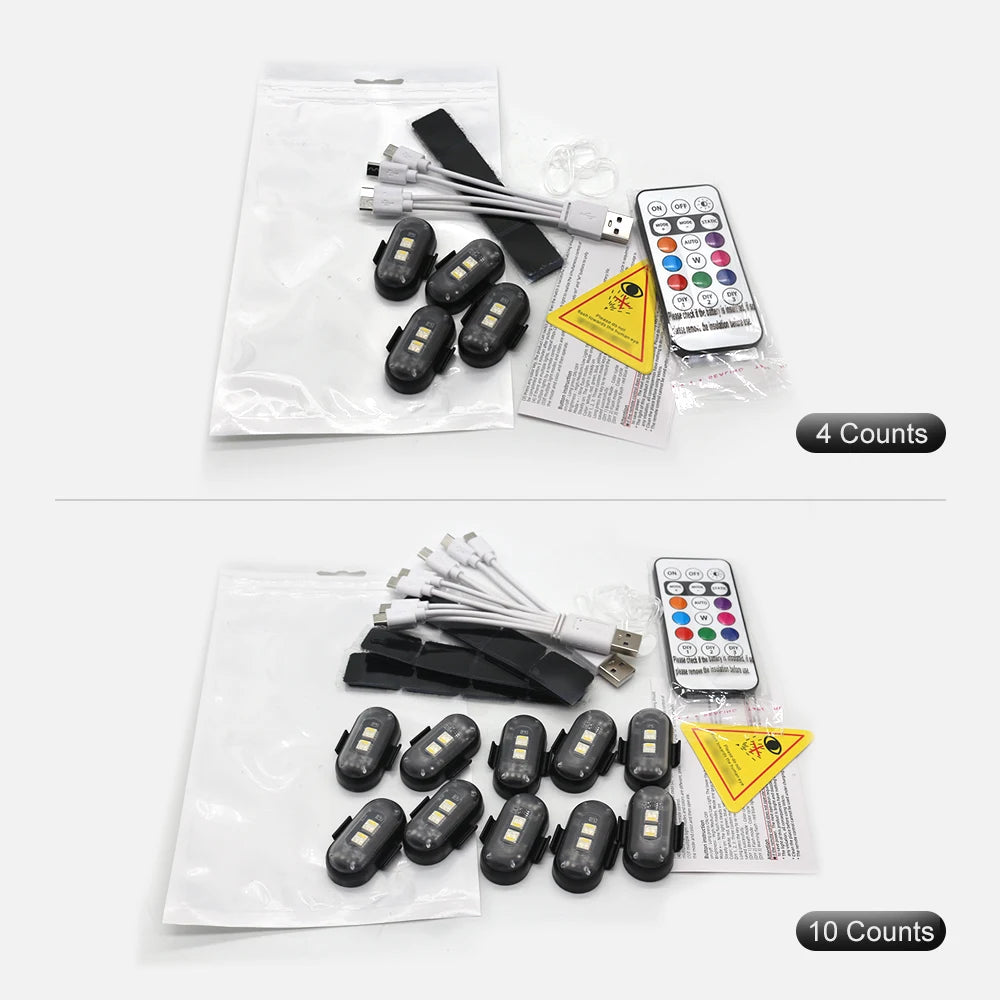 Un jeu de lumières LED sans fil rechargeables multifonctions pour voiture, avec divers composants et batteries.