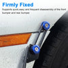 Close-up of a blue billet aluminum quick release fastener securing a front bumper to a car panel.