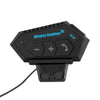 Black wireless earphone device with buttons and a connector for a Bluetooth motorcycle helmet headset.