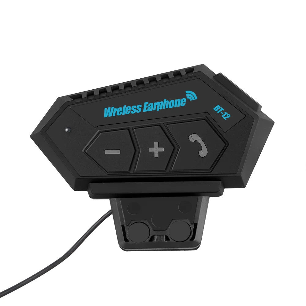 Black wireless earphone device with buttons and a connector for a Bluetooth motorcycle helmet headset.