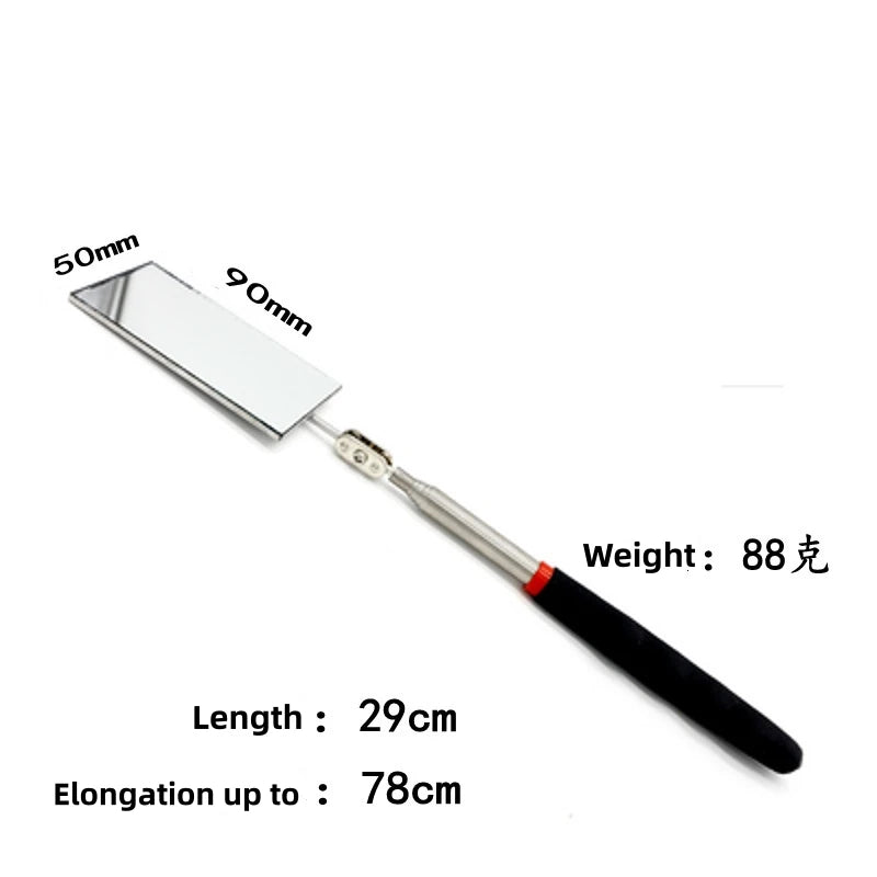 Extendable inspection mirror with a silver blade and black handle, measuring 29cm long.