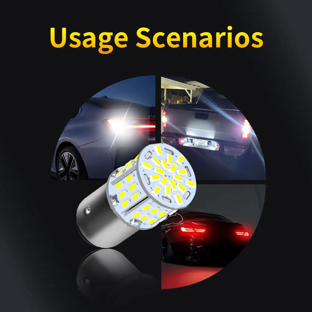 Ultra Bright LED brake and reverse lights illuminating a dark car in various usage scenarios.