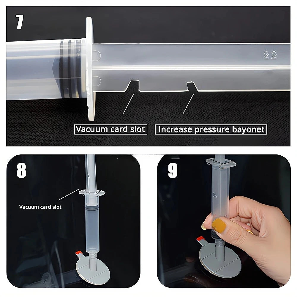Diagrams showing how to use a vacuum card slot and increase pressure bayonet for windshield repair