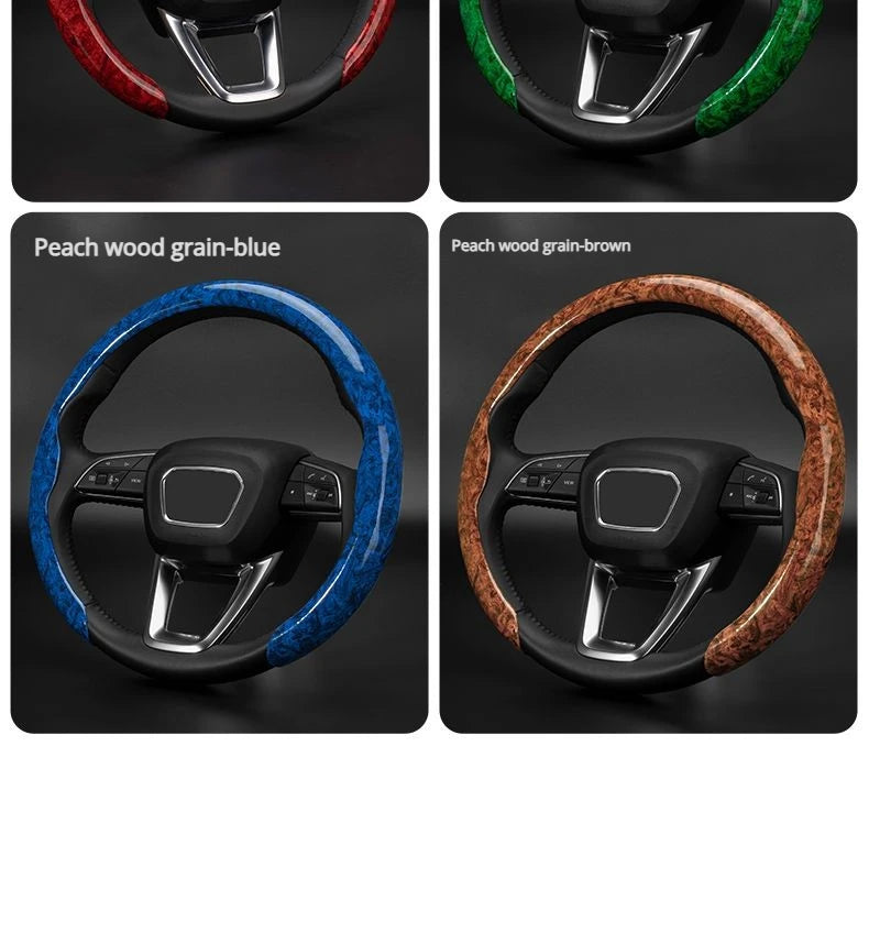 Four steering wheel covers featuring peach wood grain in blue and brown colors.