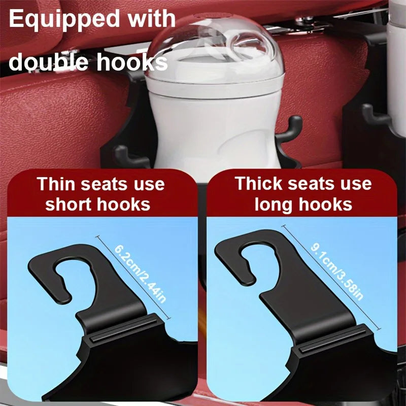 Close-up view of a car seat cup holder hook with double and long hooks for securing items.