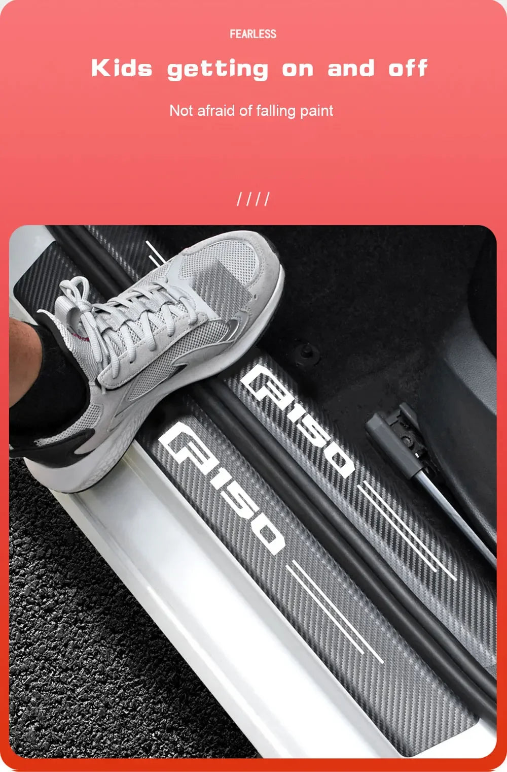 Close-up of a gray car door sill protector installed on the interior trim of a vehicle.