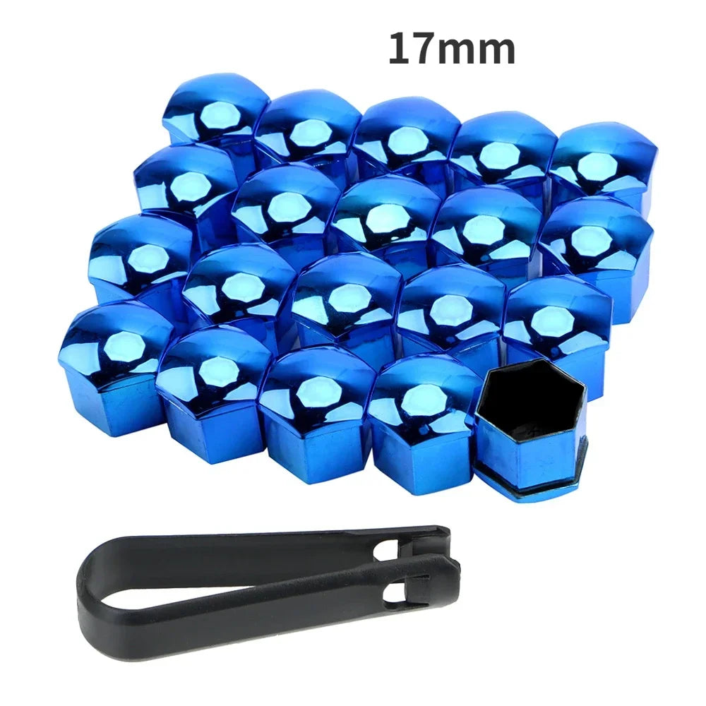 A set of 17mm blue car wheel nut protection covers and a black tool.
