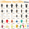 A grid showing various sizes and colors of retainer clips for universal car fasteners, including black, silver, red, orange, 