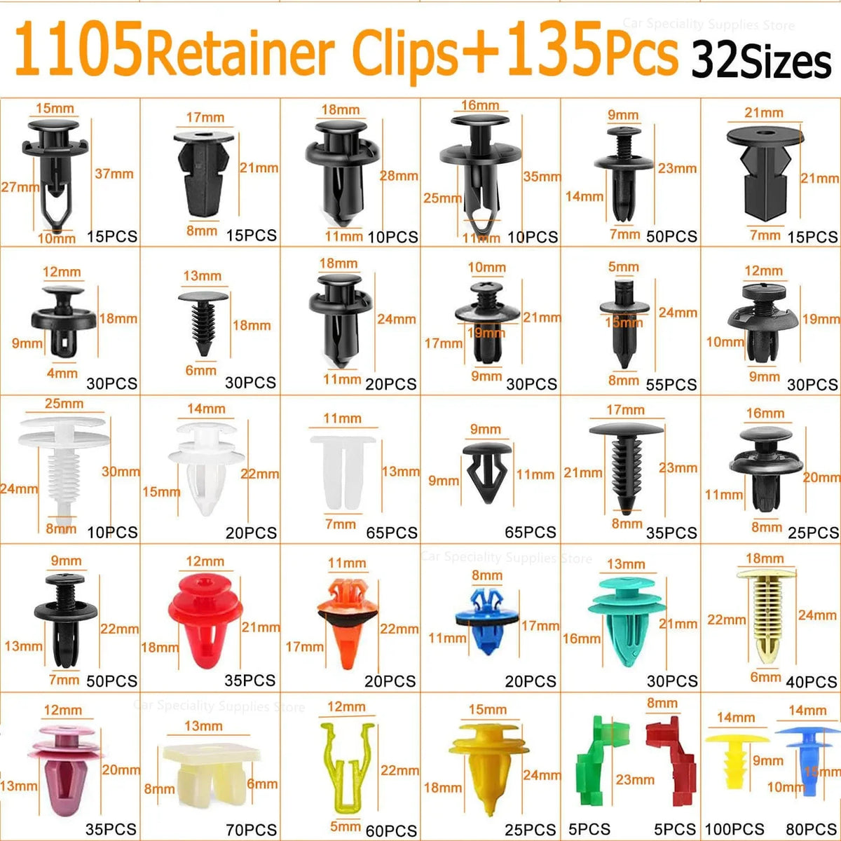 A grid showing various sizes and colors of retainer clips for universal car fasteners, including black, silver, red, orange, 