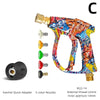 High-pressure washer gun with a foam cannon and five colored nozzles attached.