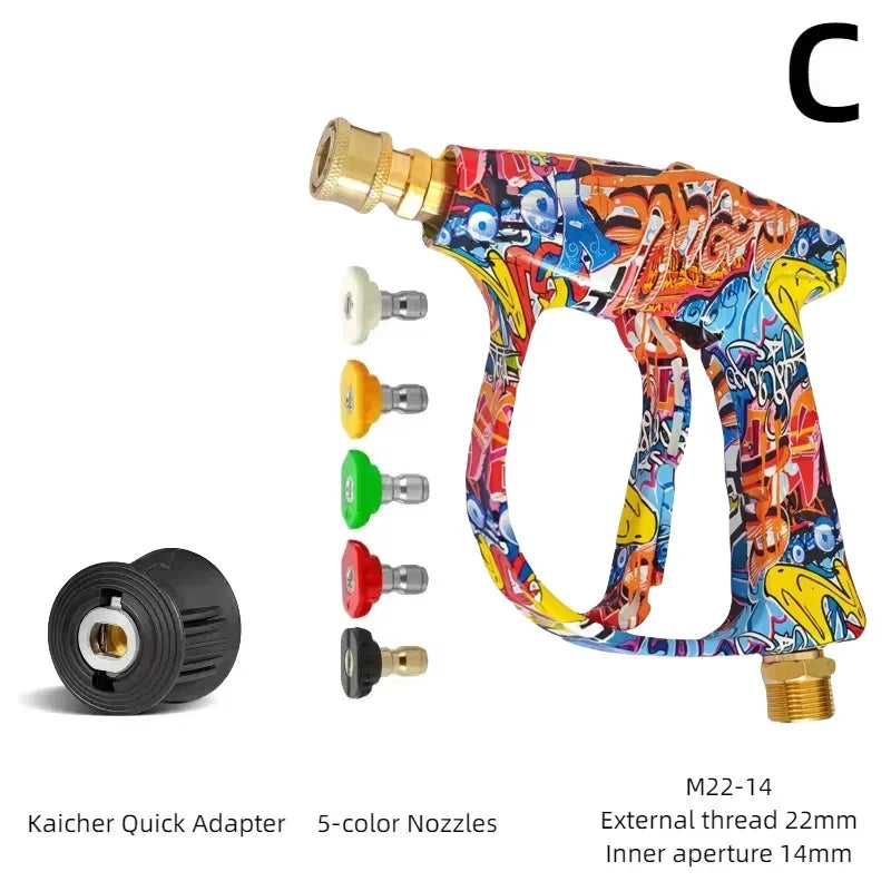 High-pressure washer gun with a foam cannon and five colored nozzles attached.