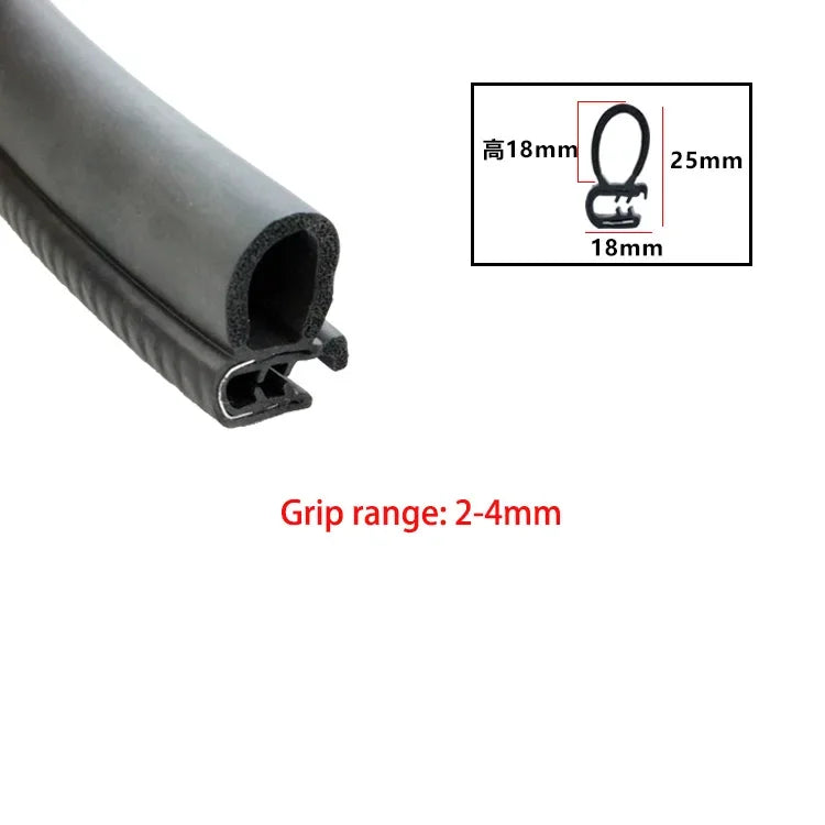 A close-up view of a black U-shaped door edge seal strip with dimensions labeled.