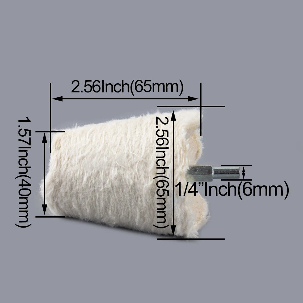 A white, fibrous polishing wheel with dimensions of 2.56 inches long and 1.57 inches wide.