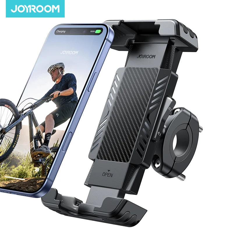 A black bike phone holder with a hidden tracker is shown next to a smartphone.