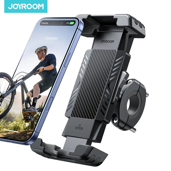 A black bike phone holder with a hidden tracker is shown next to a smartphone.