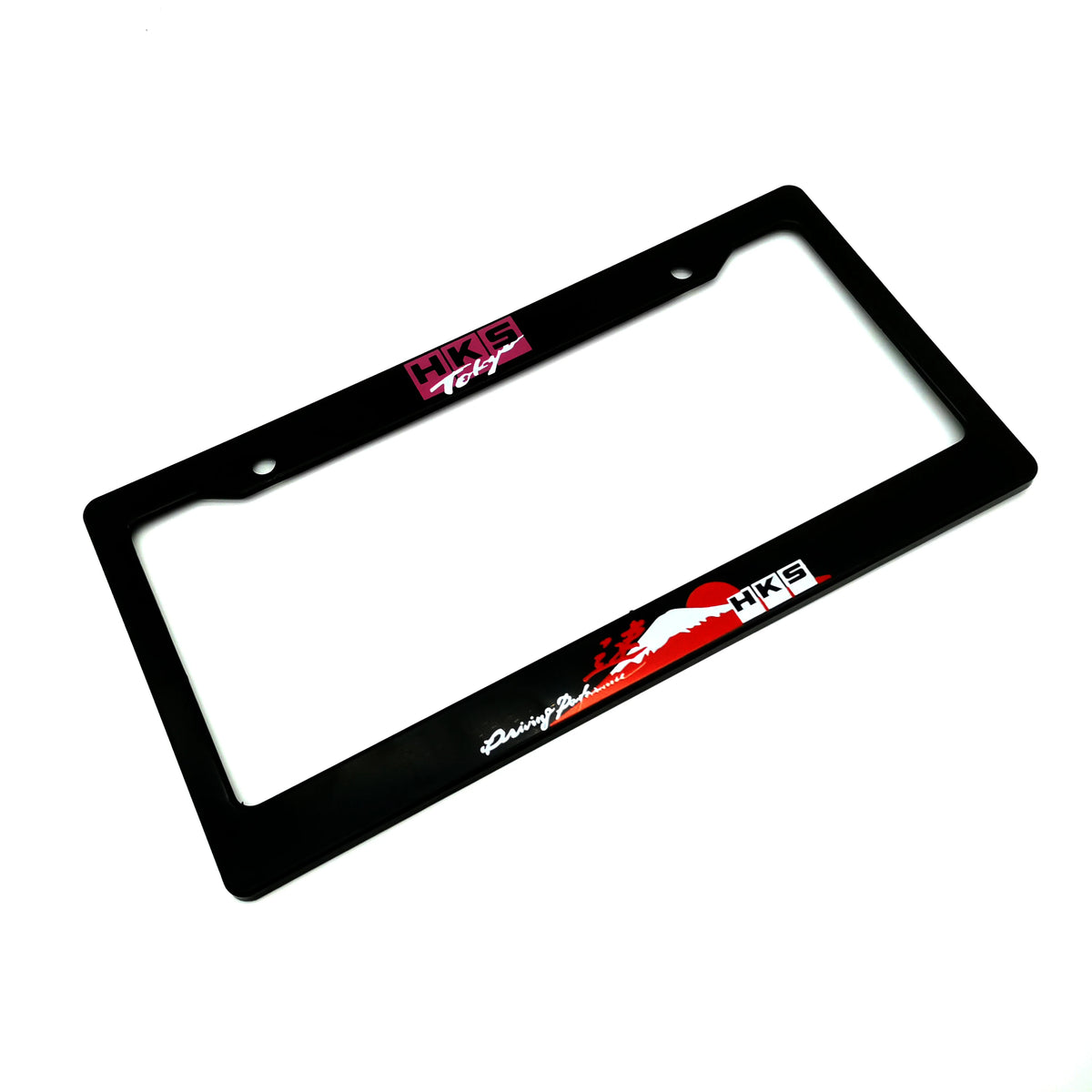 Black license plate frame decoration with pink and red HKIS logo text