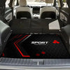 A black car trunk mat with a red sport background and hexagonal pattern is shown inside a vehicle.