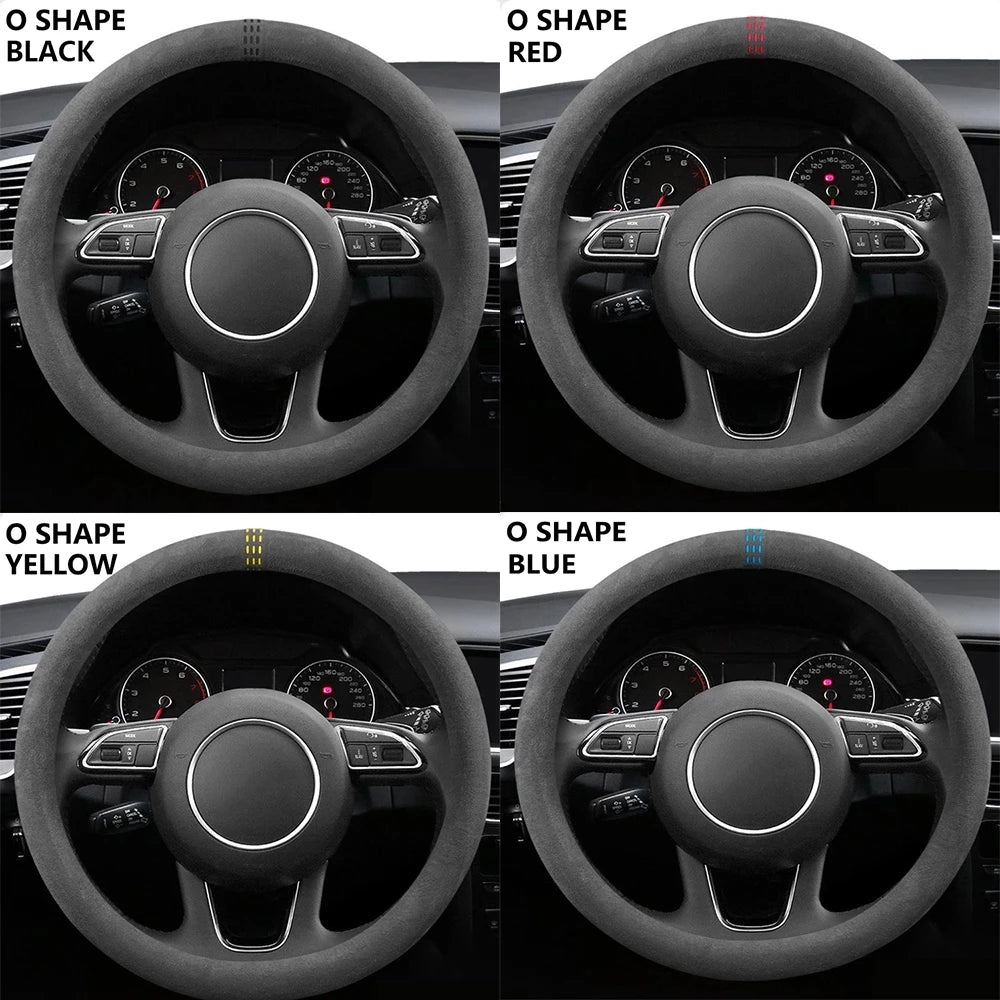 Four steering wheel covers in black, red, yellow, and blue for VW Golf, Passat, and Polo cars