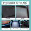 Before and after comparison of car trim, plastic, and leather seats after using a restorer spray.