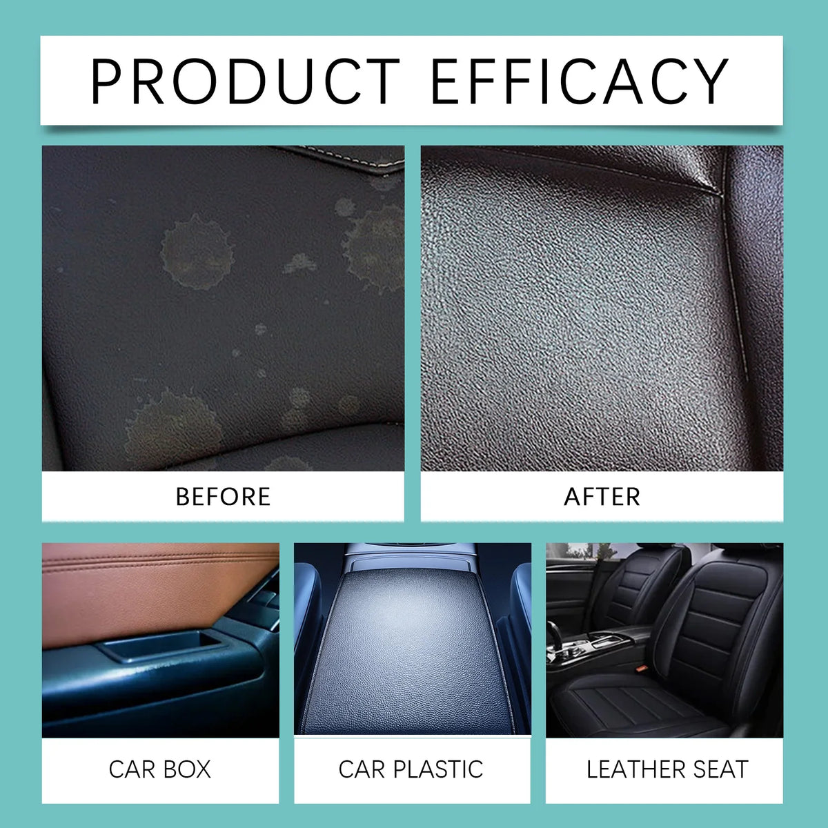 Before and after comparison of car trim, plastic, and leather seats after using a restorer spray.