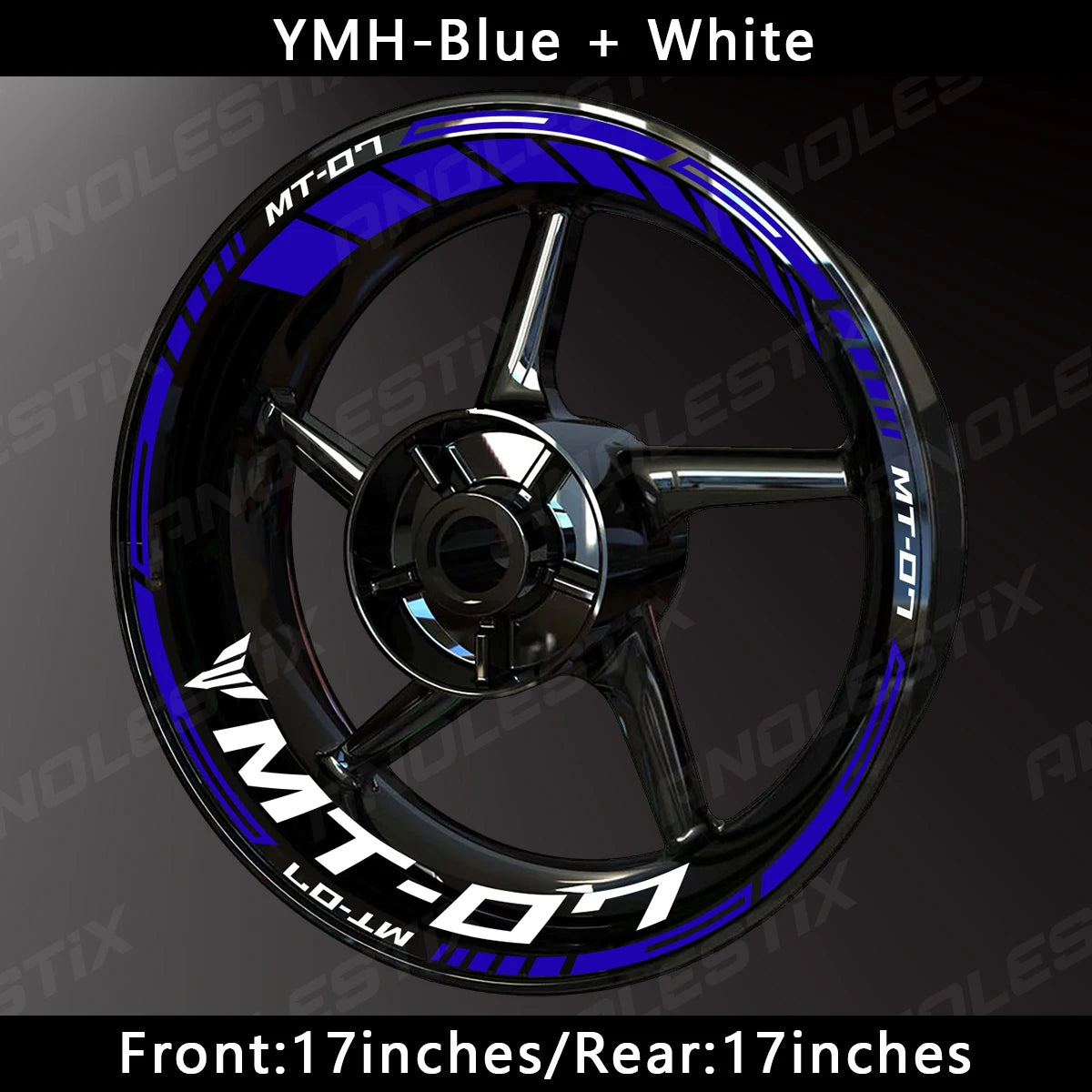 A close-up view of an aftermarket motorcycle wheel featuring blue and white decals on a black rim.