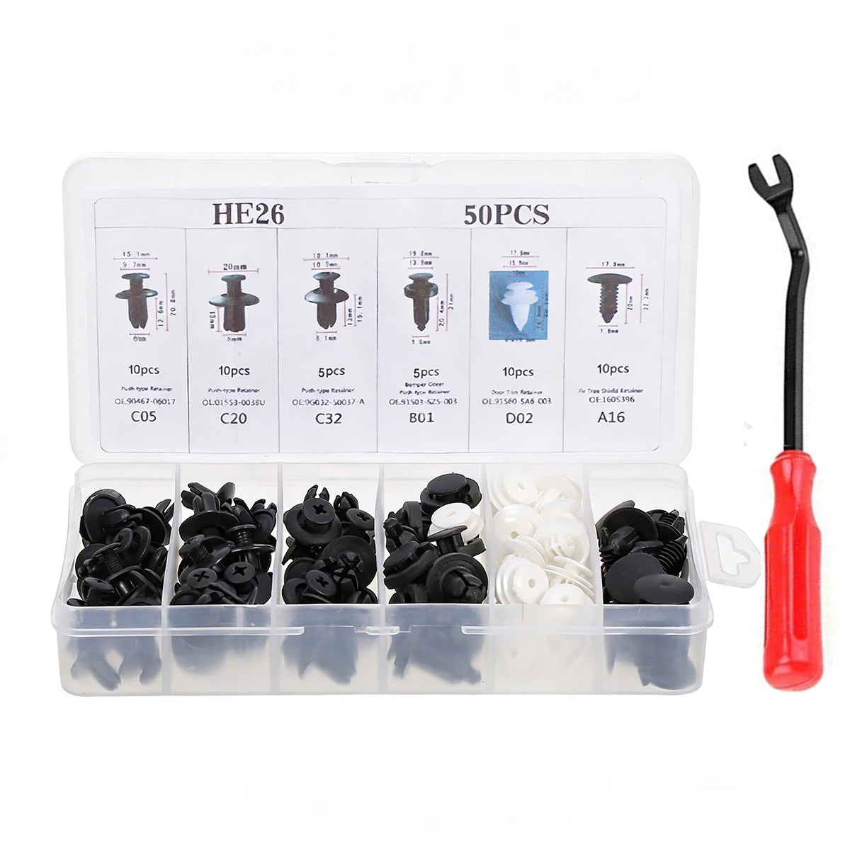 A clear plastic box containing various sizes and types of auto fastener clips for car body trim.