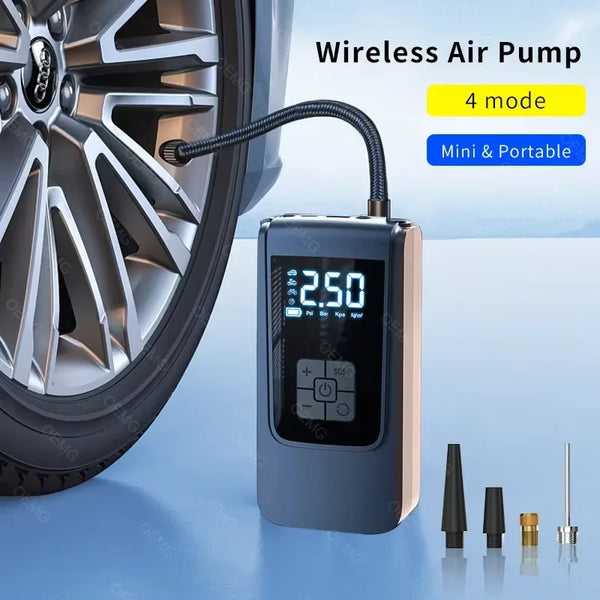 A portable wireless air pump device is shown next to a car tire, demonstrating its use for inflating tires.