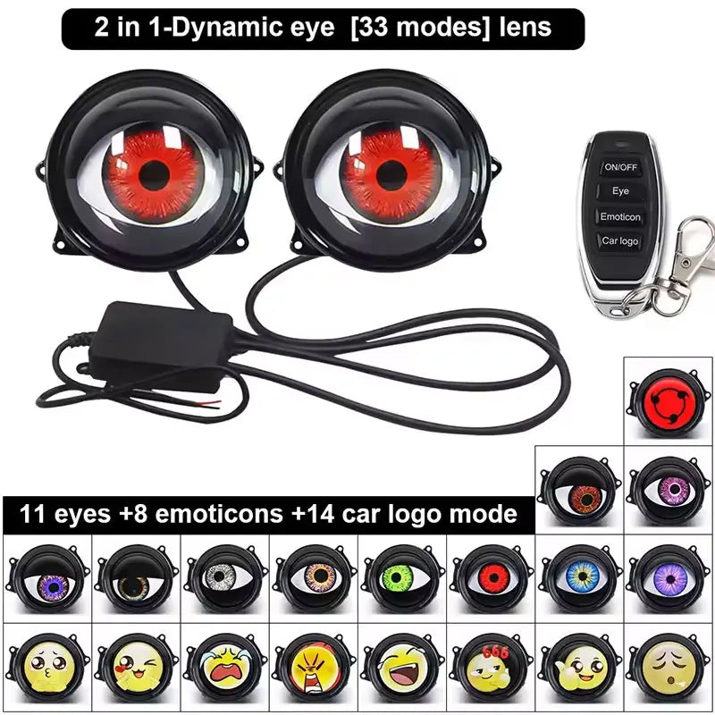 A set of 2 in 1 dynamic eye lens LED lights with remote control, featuring various modes and car logo options.