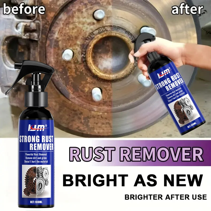 Before and after comparison showing a heavy-duty rust remover spray cleaning a rusted metal surface.
