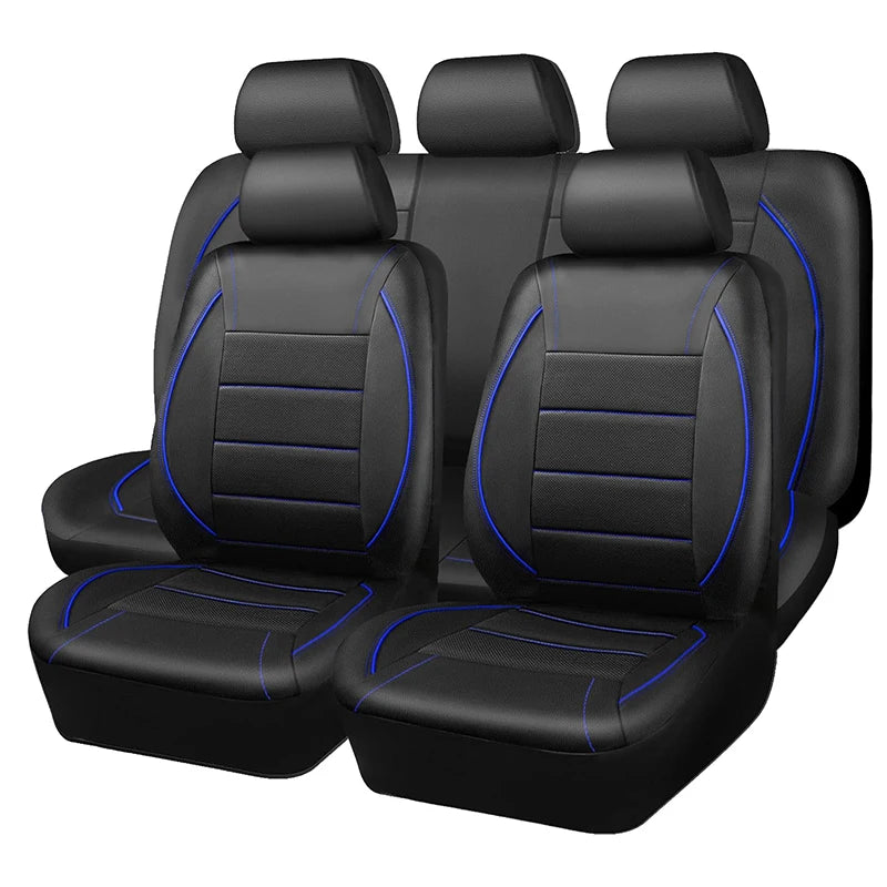 Three black PU leather car seat covers for SUVs shown side by side