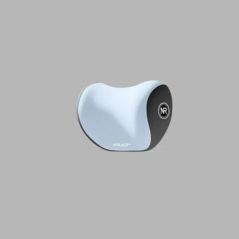 A white and black ergonomic memory foam car neck and lumbar support pillow.
