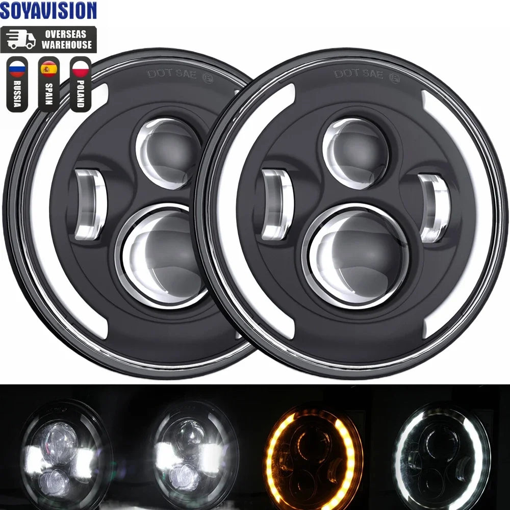 A pair of clear automotive LED headlights for a motorcycle.