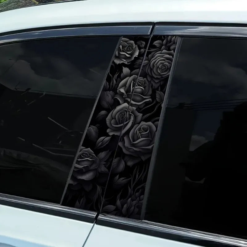 Black rose car B-pillar decal set applied to a dark tinted car window.