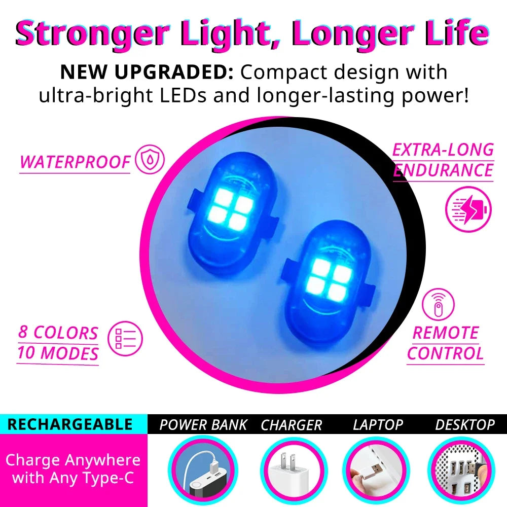 Nahaufnahme eines blauen LED-Lichtgeräts mit beleuchtetem Gittermuster, das Merkmale wie wasserdichte Bauweise und Entfernbar