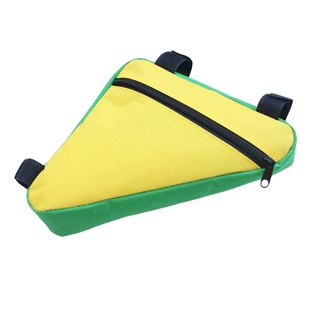 Yellow and green convertible waterproof bike frame bag with a black zipper