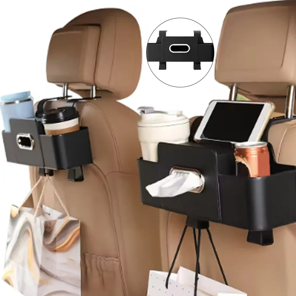 A black multifunctional car back seat organizer with cup holders is shown mounted on a tan car seat.