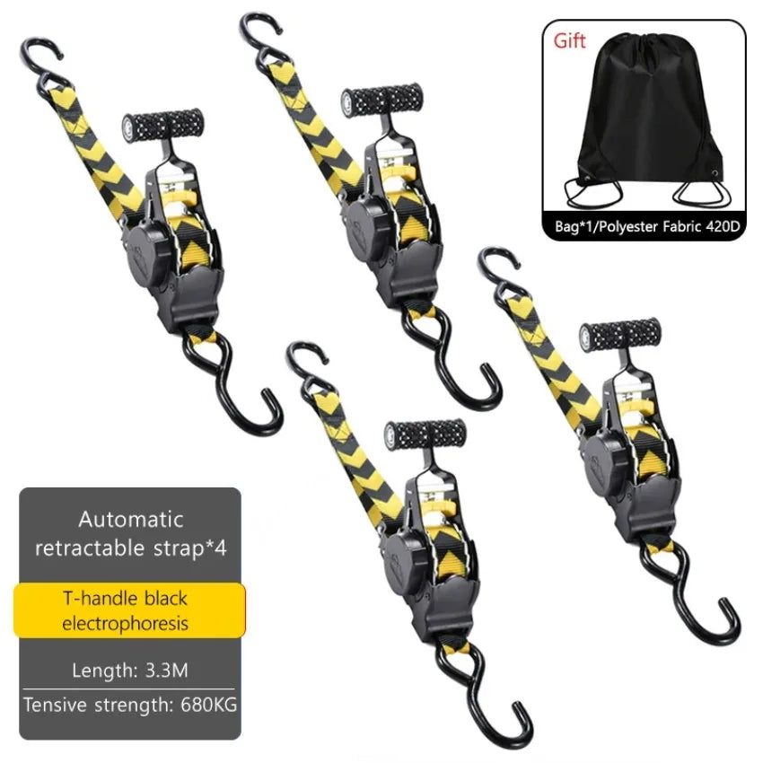 Black heavy duty automatic retractable ratchet strap with yellow accents and a gift bag.
