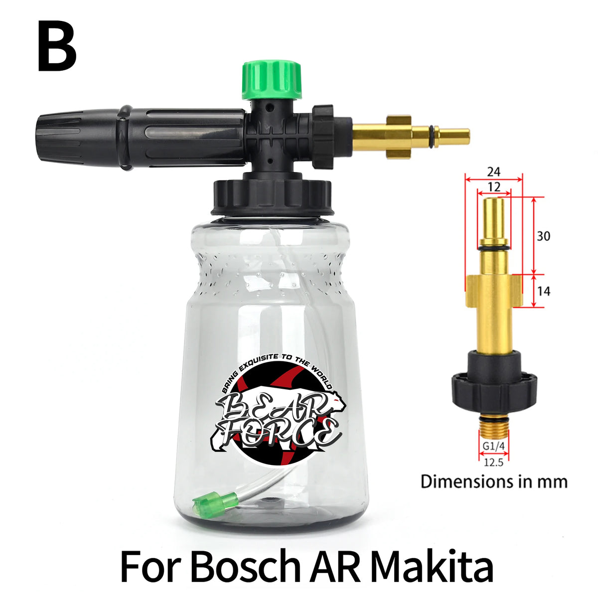 High-pressure foam lance for car and surface cleaning with a glass bottle and brass nozzle.