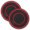 A set of two black and red silicone hexagonal coasters.