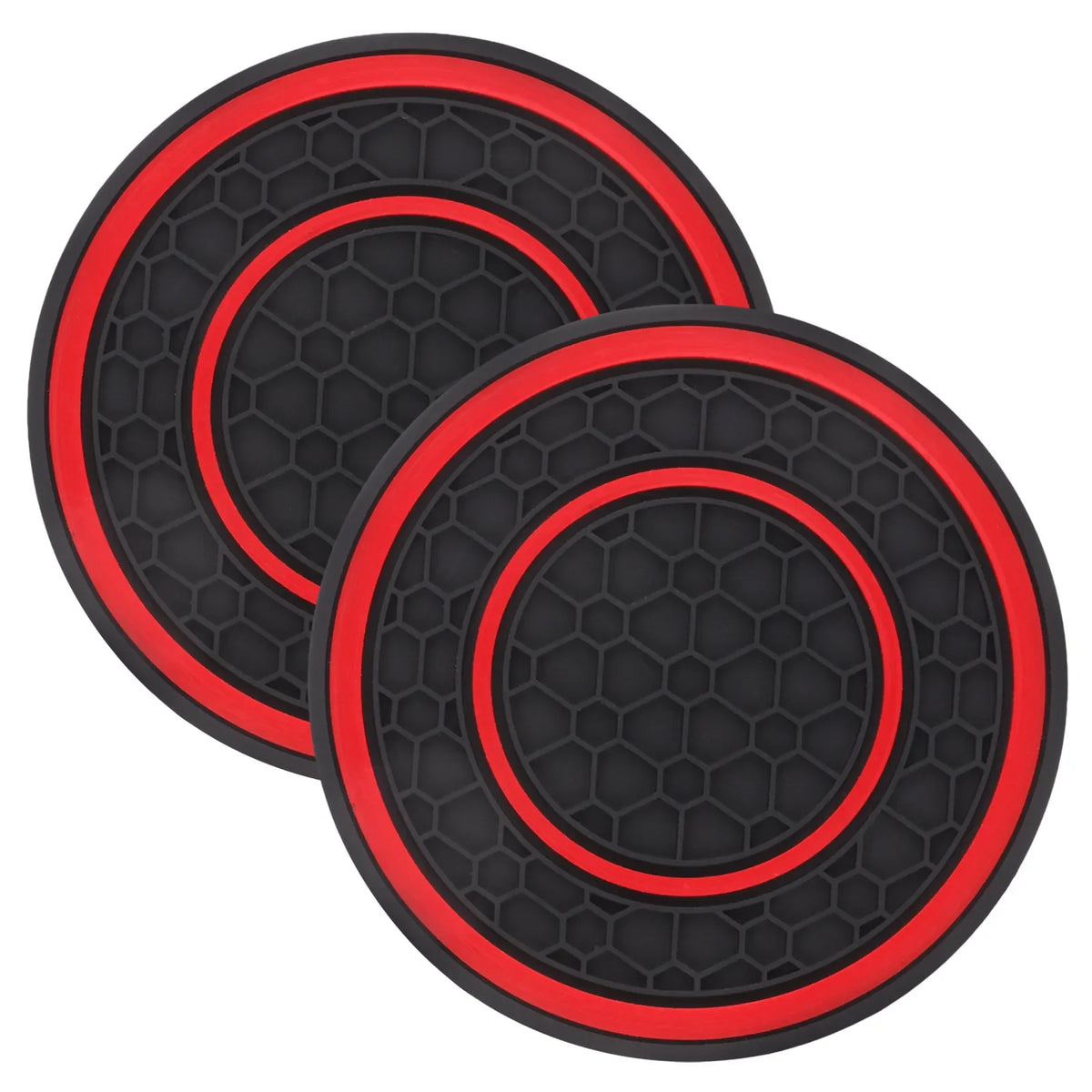 A set of two black and red silicone hexagonal coasters.