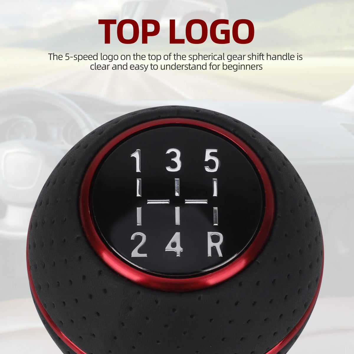 Close-up of a black gear shift knob with illuminated numbers 1 through 5 and R, designed for easy shifting.