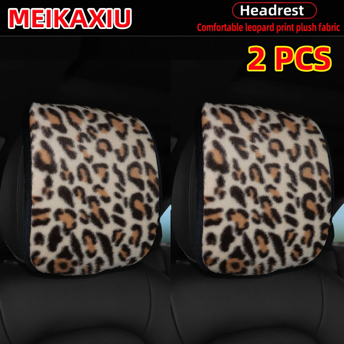 Two leopard print plush fabric car headrest pillow covers for luxury car interior
