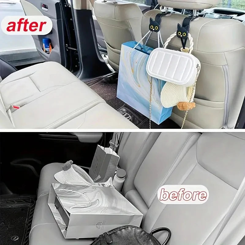 Before and after comparison showing 3D cartoon cat headrest hooks for universal storage in a car seat.