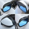 Carbon fiber car rain visor set designed to fit over a rearview mirror.