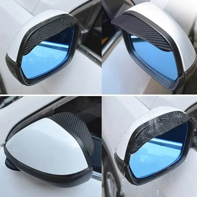 Carbon fiber car rain visor set designed to fit over a rearview mirror.