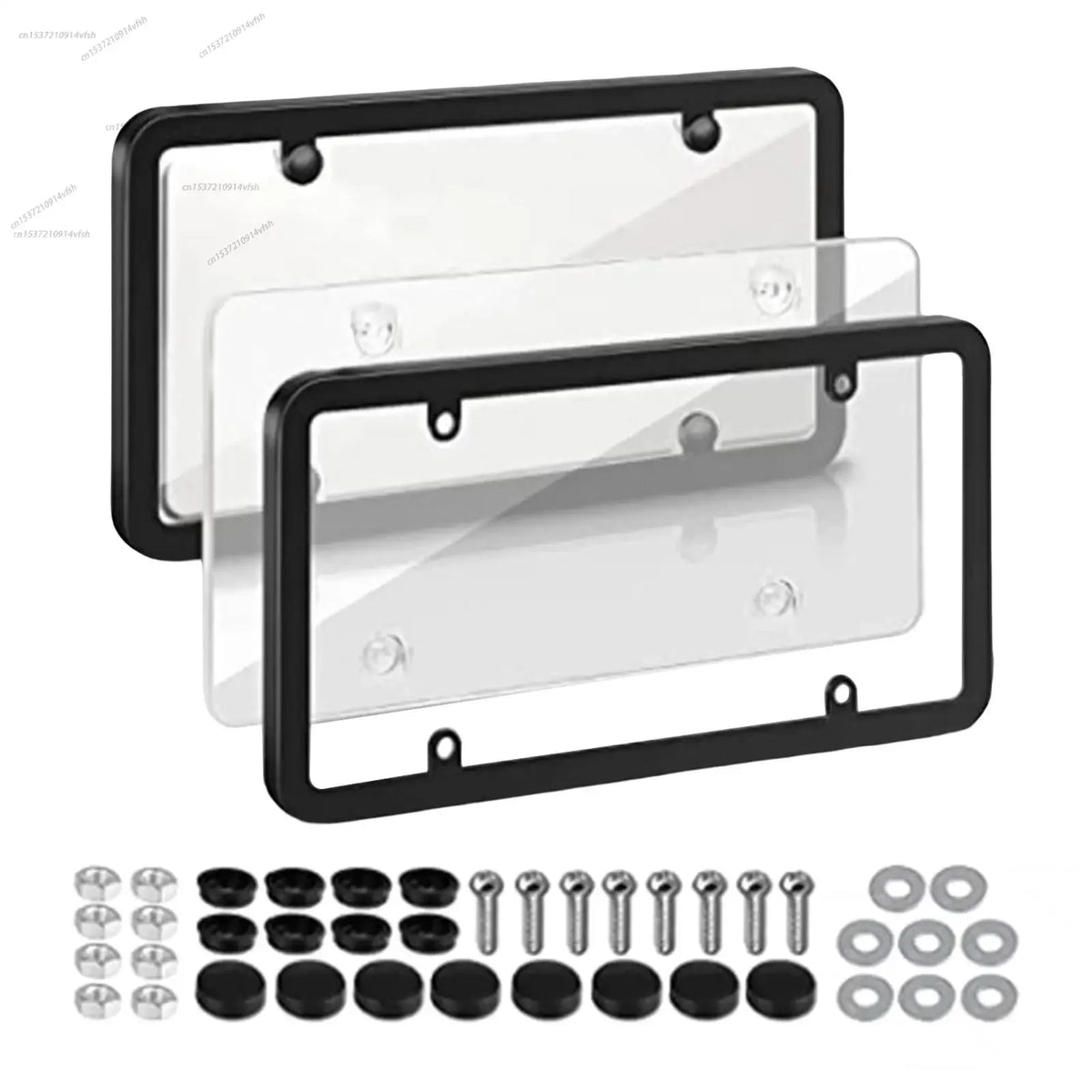 A set of license plate protectors including a main plate and various mounting hardware for US/Canada vehicles.