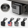 Black universal trailer hitch receiver cover with an American flag design shown in various views.
