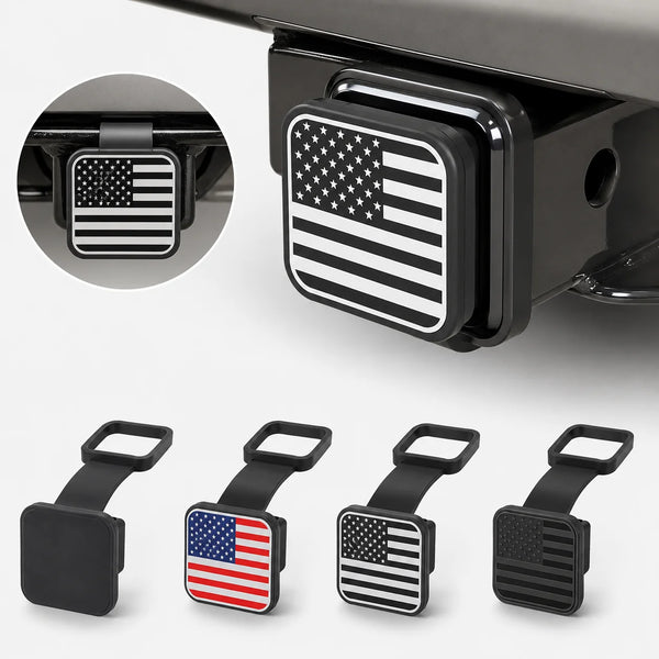 Black universal trailer hitch receiver cover with an American flag design shown in various views.